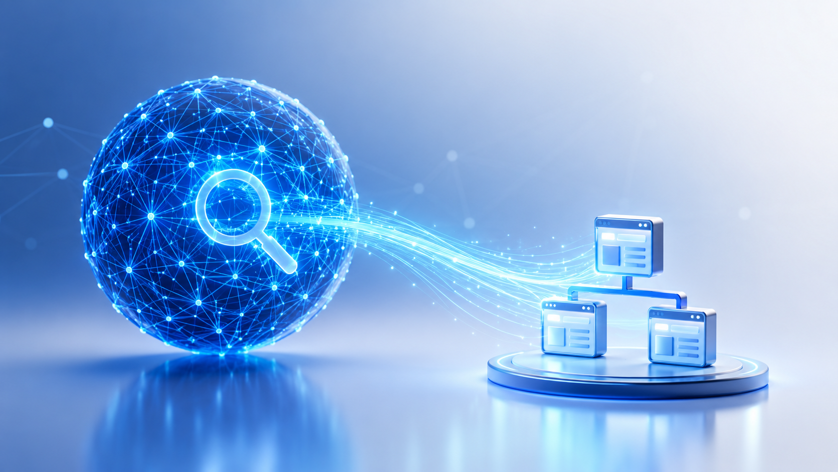 3D AI search strategy visual showing connected content and search intelligence