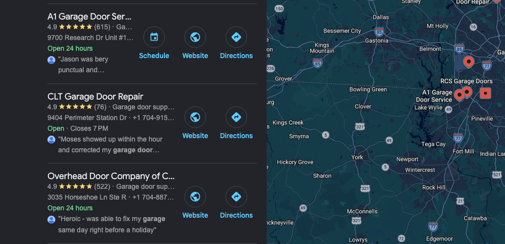 A1 Garage Door local SEO map visibility in Charlotte