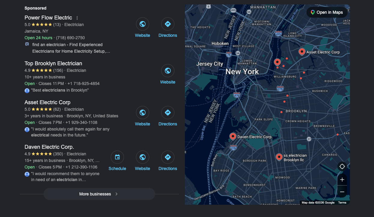 Electricians NYC local SEO map visibility in Brooklyn